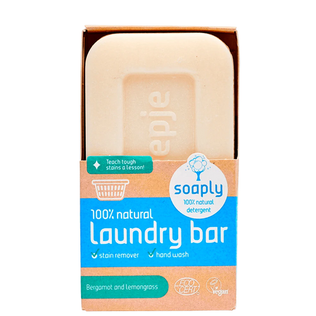 Soaply 100% natural laundry bar for stain removal and hand washing, featuring a bergamot and lemongrass scent, certified vegan and Ecocert.