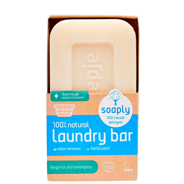 Soaply 100% natural laundry bar for stain removal and hand washing, featuring a bergamot and lemongrass scent, certified vegan and Ecocert.