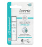 Lavera Basis Sensitiv organic lip balm, featuring a blend of organic jojoba oil and organic almond oil for intense moisture, packaged in 100% recycled material, and certified vegan.