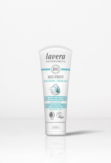 Minimalist studio shot of Lavera Basis Sensitiv organic hand cream.