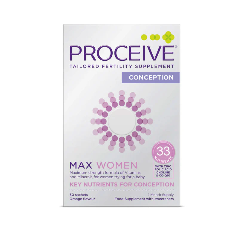 A box of Proceive Max Women, a tailored fertility supplement designed for women trying for a baby.