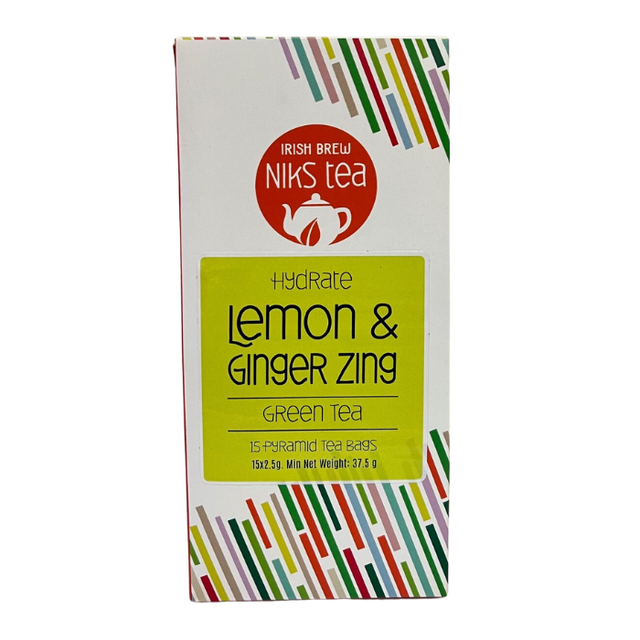 A box of Irish Brew NIKS Tea, "Hydrate Lemon & Ginger Zing" green tea, containing 15 pyramid tea bags with a minimum net weight of 37.5g, featuring colorful geometric border patterns.