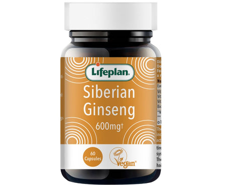 Lifeplan Siberian ginseng 600mg capsules 60 count with B vitamins for energy, fatigue reduction, hormonal balance and immune support.