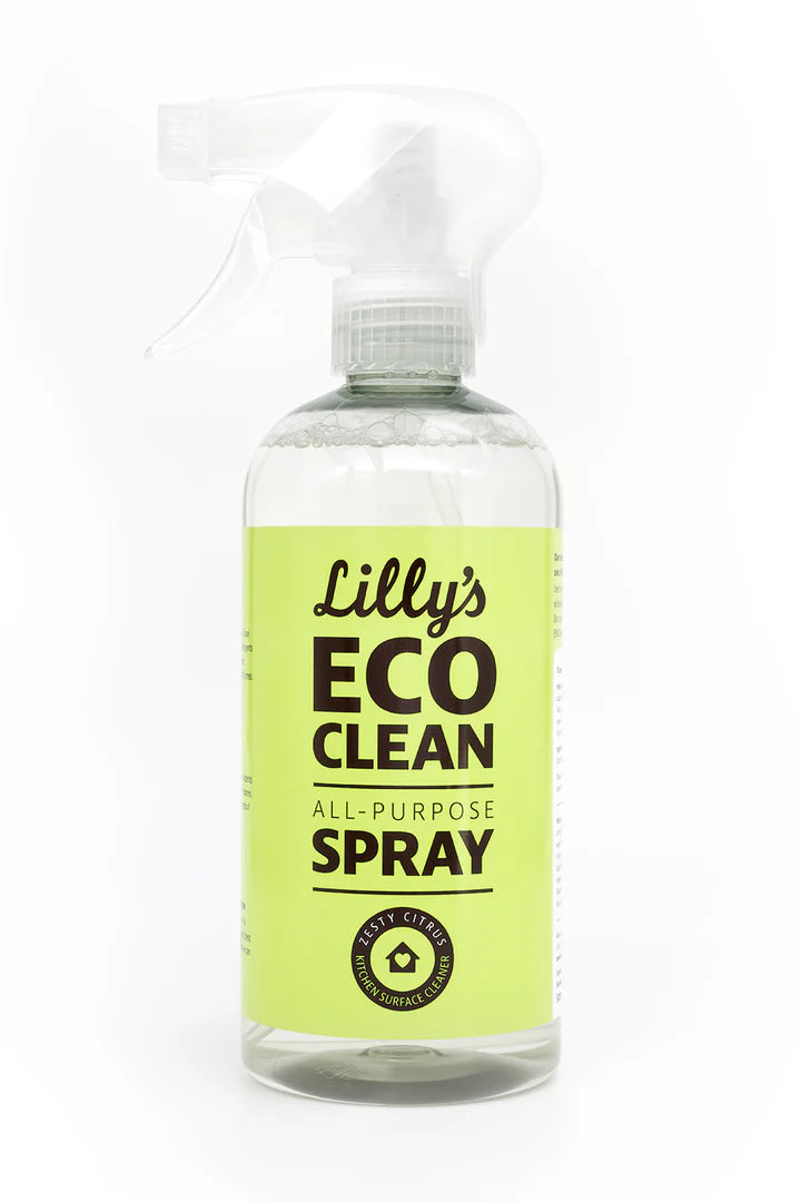Clear glass spray bottle with Lilly's Eco Clean label.
