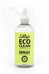 Clear glass spray bottle with Lilly's Eco Clean label.