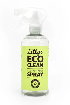 Clear glass spray bottle with Lilly's Eco Clean label.
