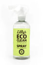 Clear glass spray bottle with Lilly's Eco Clean label.