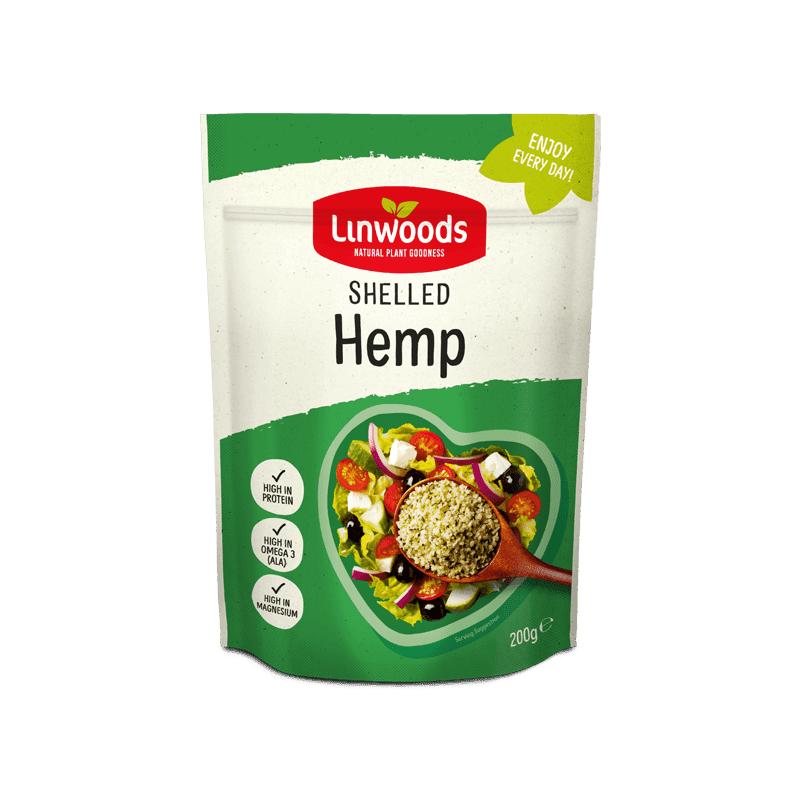 Linwoods Shelled Hemp pouch featuring a salad bowl illustration on a green and white background.