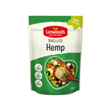 Linwoods Shelled Hemp pouch featuring a salad bowl illustration on a green and white background.