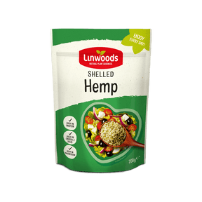 Linwoods Shelled Hemp pouch featuring a salad bowl illustration on a green and white background.