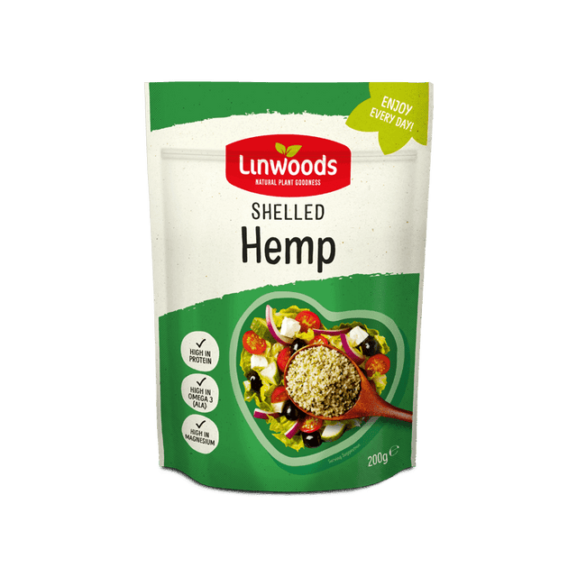 Linwoods Shelled Hemp pouch featuring a salad bowl illustration on a green and white background.