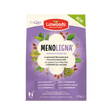 Linwoods MenoLigna sprouted flaxseed and chia seed blend pouch on a purple and white background.