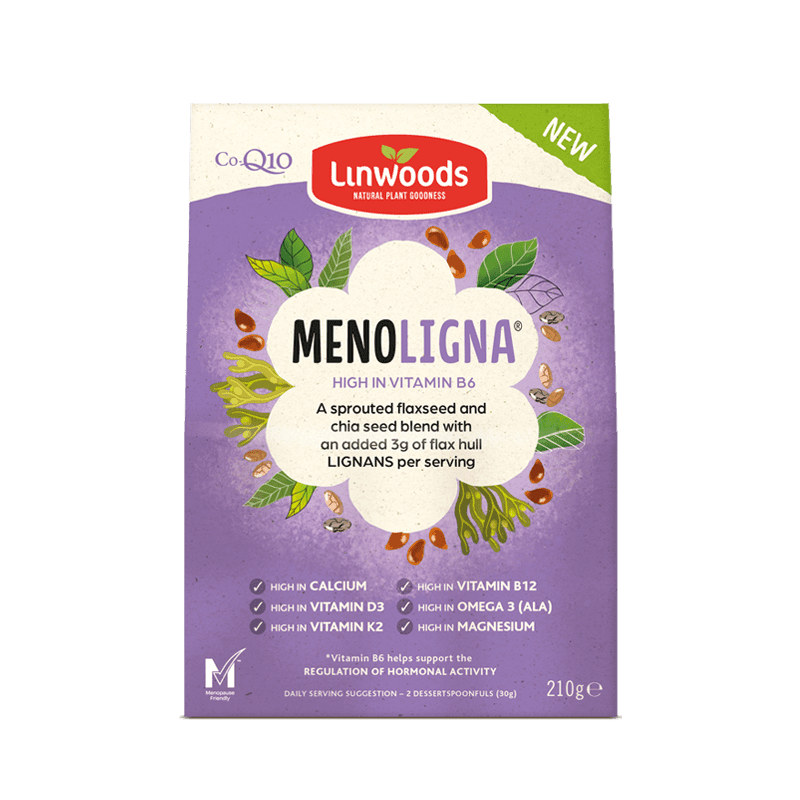 Linwoods MenoLigna sprouted flaxseed and chia seed blend pouch on a purple and white background.