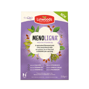 Linwoods MenoLigna sprouted flaxseed and chia seed blend pouch on a purple and white background.