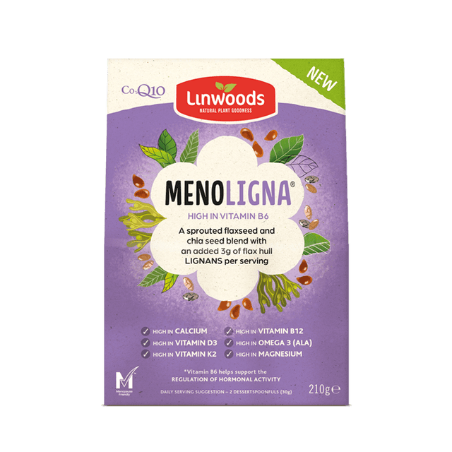 Linwoods MenoLigna sprouted flaxseed and chia seed blend pouch on a purple and white background.