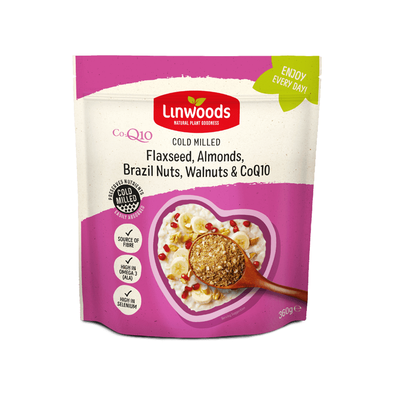 Linwoods cold milled flaxseed, almonds, brazil nuts, walnuts, and CoQ10 pouch, 360g.