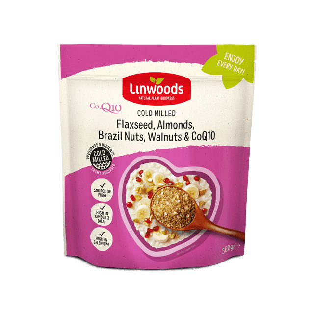 Linwoods cold milled flaxseed, almonds, brazil nuts, walnuts, and CoQ10 pouch, 360g.