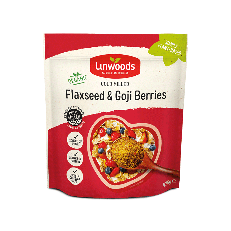 Linwoods Organic Cold Milled Flaxseed and Goji Berries pouch.
