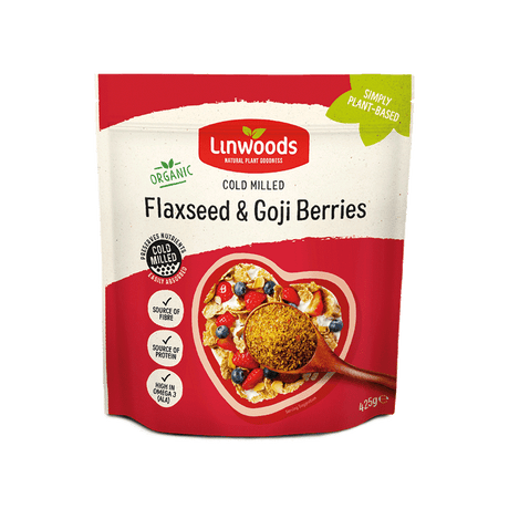 Linwoods Organic Cold Milled Flaxseed and Goji Berries pouch.