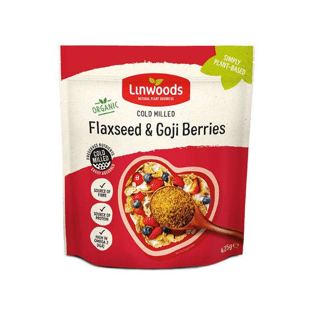 Linwoods Organic Cold Milled Flaxseed and Goji Berries pouch.