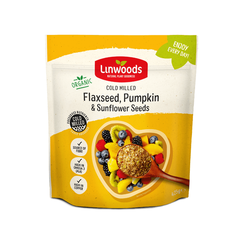 Linwoods organic cold milled flaxseed, pumpkin, and sunflower seeds pouch, 425g.