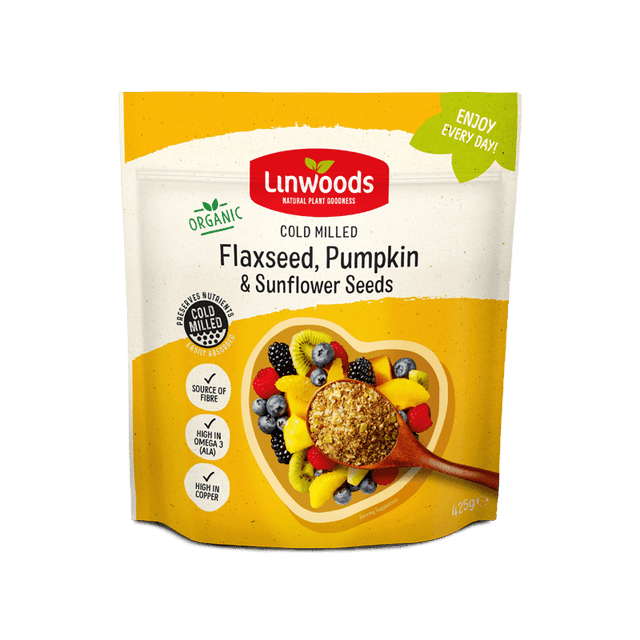 Linwoods organic cold milled flaxseed, pumpkin, and sunflower seeds pouch, 425g.