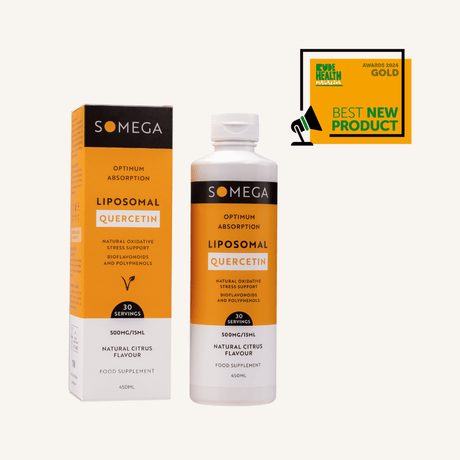 Bottle and box of liposomal quercetin supplement with orange and black design emphasize natural citrus flavor. Award emblem states "Best New Product 2024."