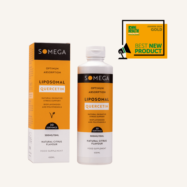 Bottle and box of liposomal quercetin supplement with orange and black design emphasize natural citrus flavor. Award emblem states "Best New Product 2024."