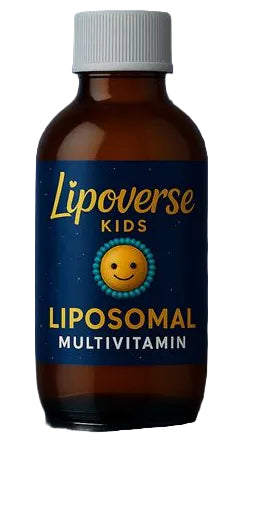 Lipoverse Kids Liposomal Multivitamin in an amber bottle with a white cap, set against a dark blue background with yellow text and small gold speckles.