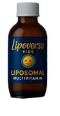 Lipoverse Kids Liposomal Multivitamin in an amber bottle with a white cap, set against a dark blue background with yellow text and small gold speckles.