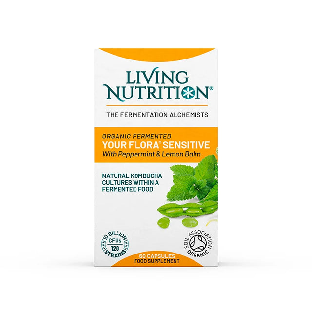 Living Nutrition supplement package with peppermint and lemon balm on a white background