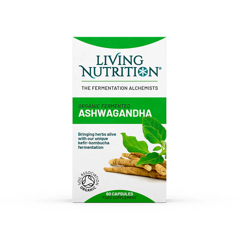 Living Nutrition organic fermented Ashwagandha supplement 60 capsules product box.