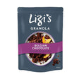 Lizi's Belgian Chocolate Granola pouch with a bowl illustration on a dark blue background.