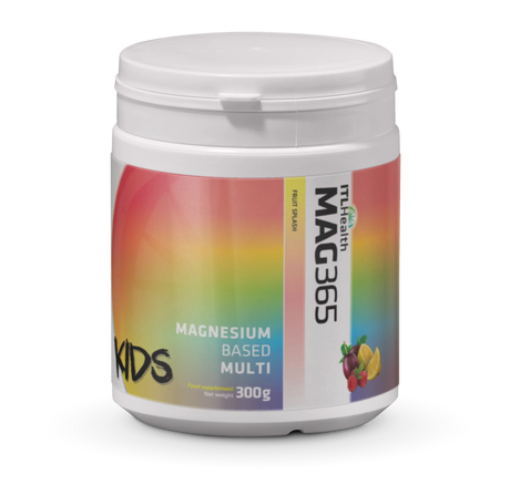 MAG365 Kids Fruit Splash ionic magnesium citrate powder with zinc and vitamins for children's bone health, sleep, and immune support. 