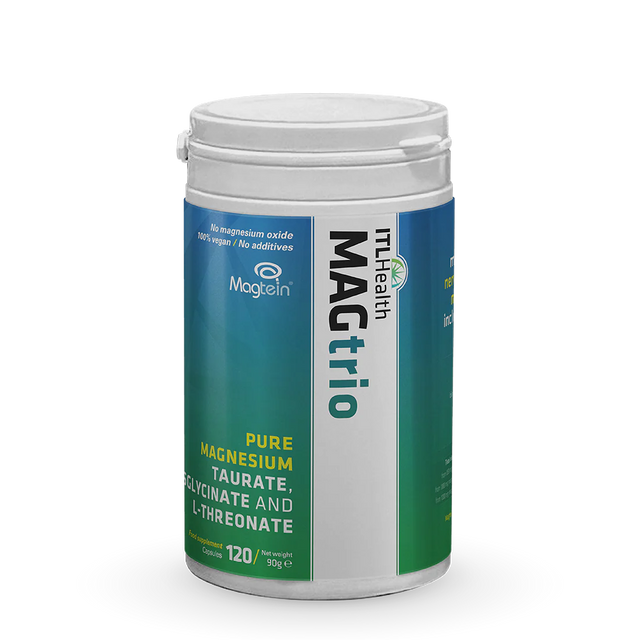 ITL Health MAGtrio capsules with Magnesium Taurate, Bisglycinate, and Threonate for brain, heart, and muscle support.