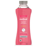 A 990ml bottle of Method concentrated laundry detergent in the Peony Blush scent, featuring a pink liquid formula and a label highlighting "33 washes" and that it "knocks out tough stains" and "revives colours.