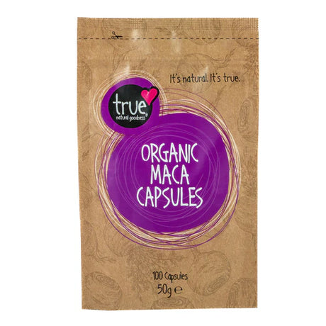 100-count pouch of True Natural Goodness Organic Maca Capsules.