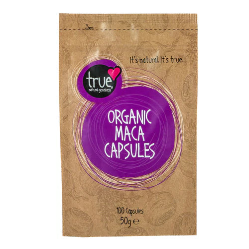 100-count pouch of True Natural Goodness Organic Maca Capsules.