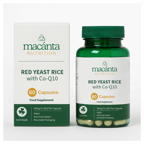 A white box and a green bottle of Macánta Nutrition Red Yeast Rice with Co-Q10, each containing 60 capsules of the Irish-made food supplement.