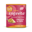 Marigold Engevita nutritional yeast flakes canister with protein & fibre on a solid black background.
