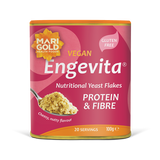 Marigold Engevita nutritional yeast flakes canister with protein & fibre on a solid black background.