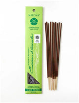 Maroma Lemongrass incense sticks displayed next to their lime green Fair Trade packaging.
