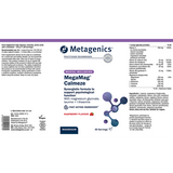 A flat layout of the purple and white product label for Metagenics MegaMag Muscleze orange-flavored supplement, showing the ingredients list, recommended use, and a detailed nutritional information table.