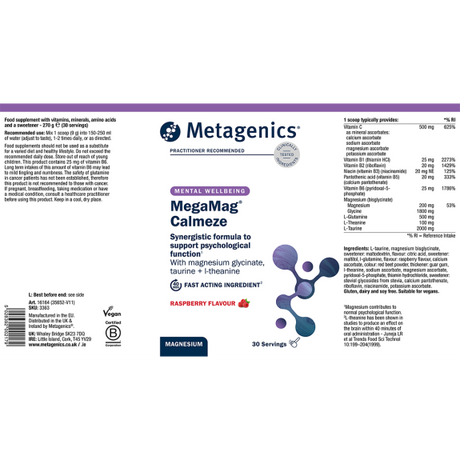 A flat layout of the purple and white product label for Metagenics MegaMag Muscleze orange-flavored supplement, showing the ingredients list, recommended use, and a detailed nutritional information table.