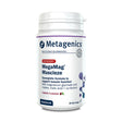 A white plastic tub of Metagenics MegaMag Muscleze (Recovery) cherry-flavored magnesium supplement, featuring a purple and white label with 30 servings indicated, isolated on a white background.
