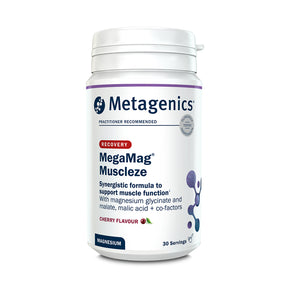 A white plastic tub of Metagenics MegaMag Muscleze (Recovery) cherry-flavored magnesium supplement, featuring a purple and white label with 30 servings indicated, isolated on a white background.