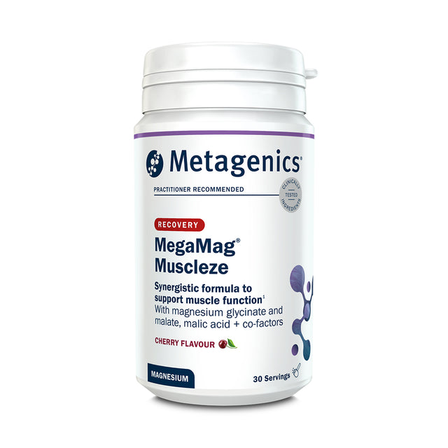 A white plastic tub of Metagenics MegaMag Muscleze (Recovery) cherry-flavored magnesium supplement, featuring a purple and white label with 30 servings indicated, isolated on a white background.