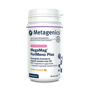 Metagenics MegaMag PeriMeno Plus orange flavour powder with magnesium glycinate and herbal blend, 30 servings.