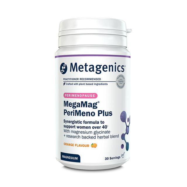 Metagenics MegaMag PeriMeno Plus orange flavour powder with magnesium glycinate and herbal blend, 30 servings.