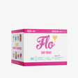 Box of Flo Day Pads with pink accents, featuring "88 regular" pads. Includes colorful illustrations, heart icon, and a positive message about beauty.